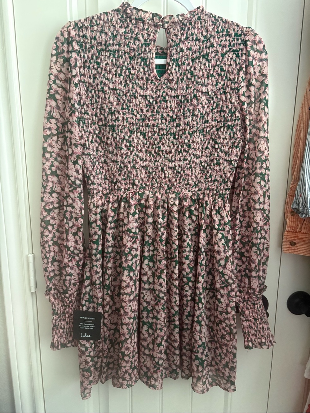 Lulu's Dusty Pink Floral Smocked Long-Sleeve Mini Dress - Picture 5 of 7